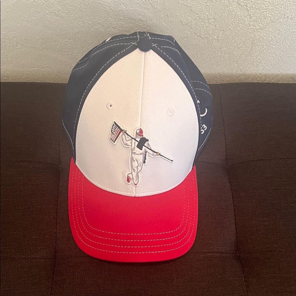 #1063+Unisex Red and White Baseball Cap W/ Embroidered Design - Picture 2 of 8